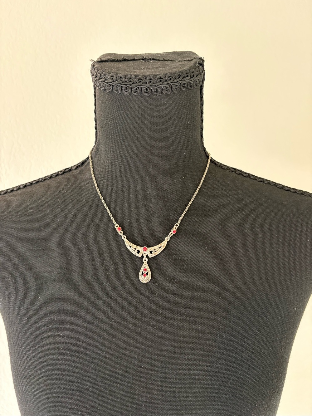 Silver Color Necklace with Red Gem Accents
